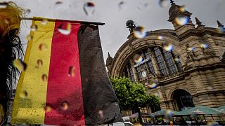 Yağmurlu bir Çarşamba günü, 19 Haziran 2024, Almanya'nın Frankfurt kentindeki merkez tren istasyonunun önünde küçük bir Alman ulusal bayrağı dalgalanıyor. (AP Fotoğrafı/Michael Probst)