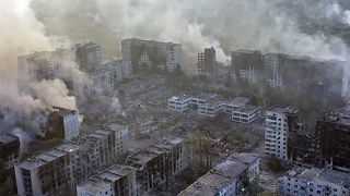 Northeastern frontline town of Vovchansk, Ukraine, during heavy bombardment by Russian forces May 28, 2024. (Tsunami Assault Regiment, Liut Brigade photo via AP)