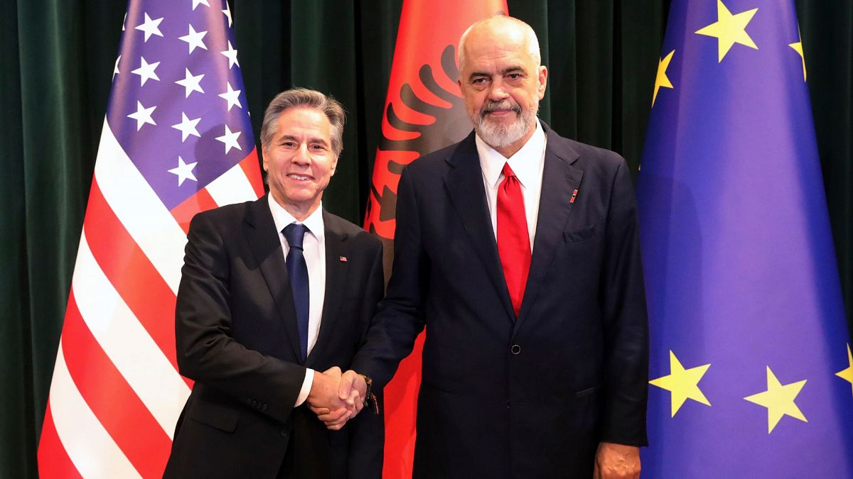 US Secretary of State Antony Blinken, left, and Albania's Prime Minister Edi Rama shake hands during their meeting in Tirana, Albania, Thursday, Feb. 15, 2024.