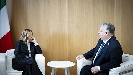 Giorgia Meloni és Orbán Viktor a februári, brüsszeli EU-csúcson