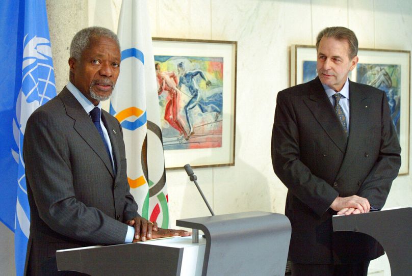 El entonces secretario de la ONU, Kofi Annan y el entonces presidente del COI, Jacques Rogge, se reúnen en 2006 para abordar una posible tregua olímpica.