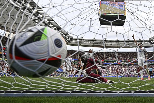 Romelu Lukaku marque un but refusé lors du match du groupe E entre la Belgique et la Slovaquie à l'Euro 2024 à Francfort, Allemagne, le 17 juin 2024