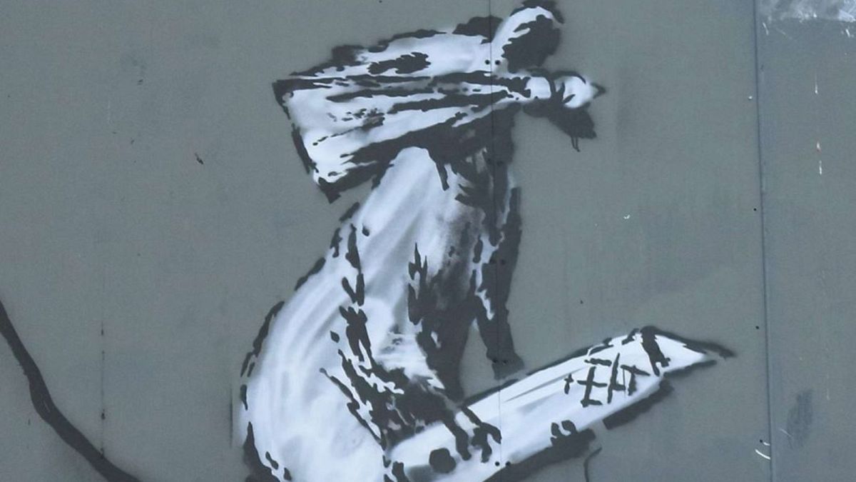 Banksy's rat with cutter behind the Centre Pompidou, Paris, 2019 