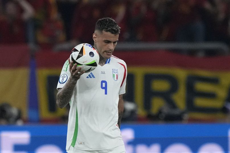 Italy's striker Gianluca Scamacca disappointed after the Azzurri concede to Spain