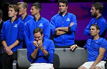 An emotional Roger Federer, left, of Team Europe sits alongside Rafael Nadal after their Laver Cup doubles match against Team World.