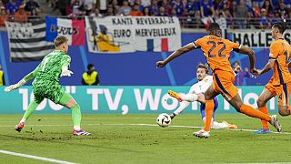 France's Antoine Griezmann misses a good chance from close range against Netherlands