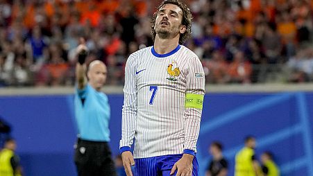 Antoine Griezmann of France reacts during a Group D match between the Netherlands and France at the Euro 2024 soccer tournament in Leipzig, Germany, Friday, June 21, 2024