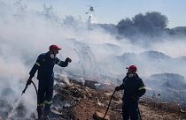 Feuerwehrleute versuchen, das Feuer zu löschen, während ein Hubschrauber am 19. Juni 2024 im Vorort Koropi im Osten Athens Wasser abwirft.