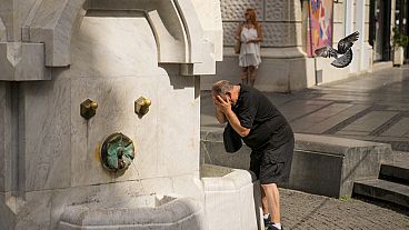 Un uomo si rinfresca in una fontana pubblica a Belgrado, in Serbia, venerdì 21 giugno 2024. 
