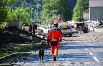Cleanup work is underway at the Sorte village, community of Lostallo, Southern Switzerland, after a landslide, caused by the bad weather and heavy rain in the Misox valley.