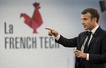 Fransa Cumhurbaşkanı Emmanuel Macron, 20 Şubat 2023 Pazartesi günü Paris'teki Elysee Sarayı'nda düzenlenen French Tech etkinliğinde konuşuyor. 