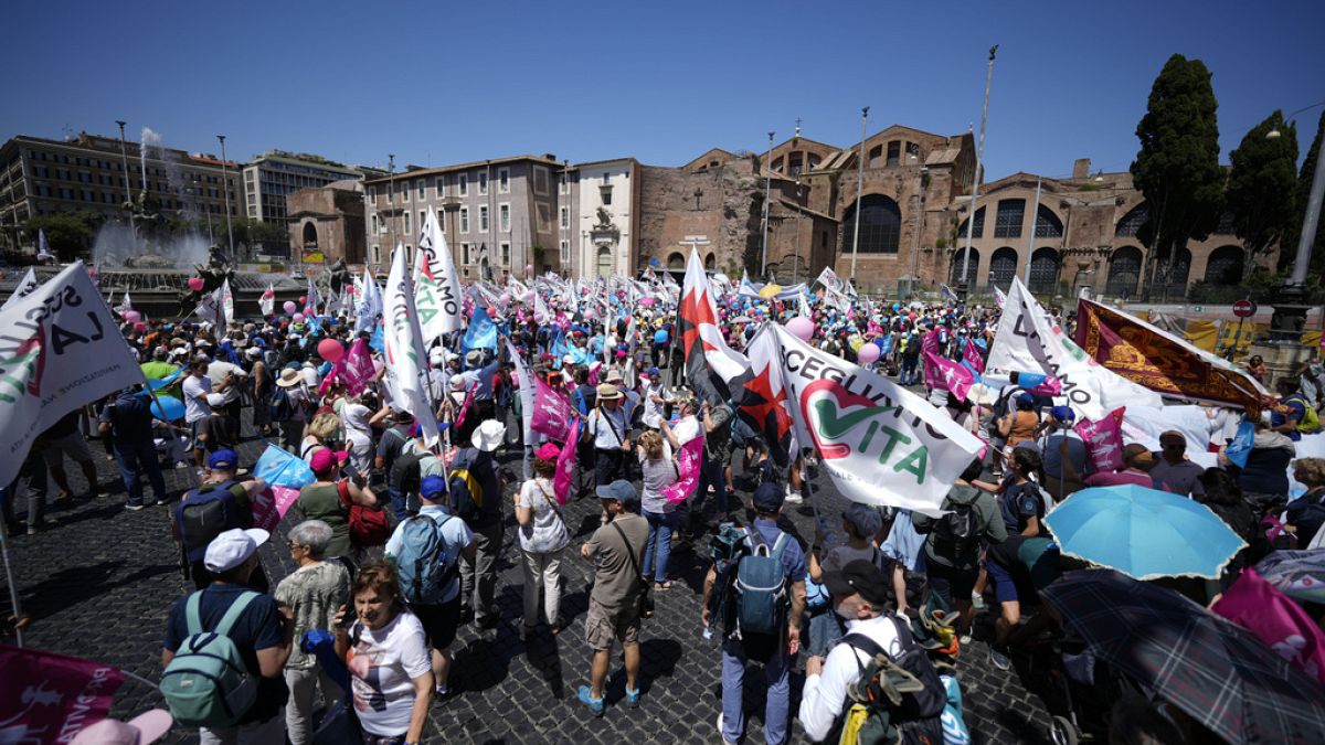 Aktivistler 22 Haziran 2024 Cumartesi günü Roma'da düzenlenen yaşam ve aile yanlısı geçit törenine katıldı. (AP Fotoğrafı/Andrew Medichini)