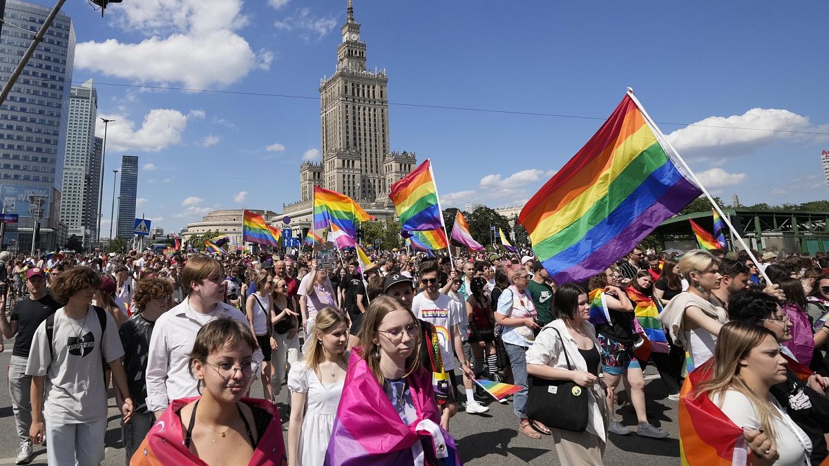 People take part in the Equality Parade, a yearly Pride parade, in the Polish capital, in Warsaw.