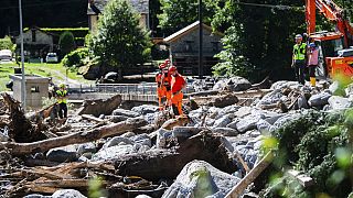 Cleanup work is underway at the Sorte village, community of Lostallo, Southern Switzerland, after a landslide. Saturday, June 22 2024. 