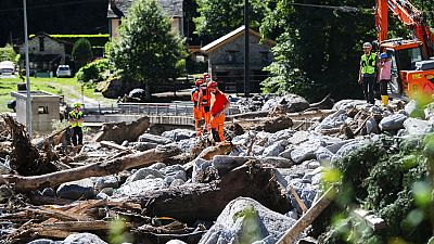 Cleanup work is underway at the Sorte village, community of Lostallo, Southern Switzerland, after a landslide. Saturday, June 22 2024. 