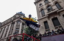A skater jumps in a performance for Go Skateboarding Day 2024 in Santiago, Chile on Sunday