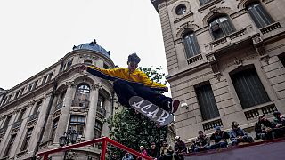 A skater jumps in a performance for Go Skateboarding Day 2024 in Santiago, Chile on Sunday