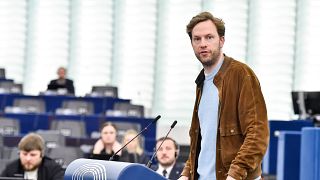 Volt's Damian Boeselager addresses the European Parliament in April 2024