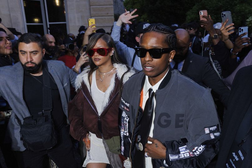  Rihanna, left, and A$AP Rocky upon departure of the American Sabotage Spring Summer 2025 collection presented on 21 June 2024 in Paris. 