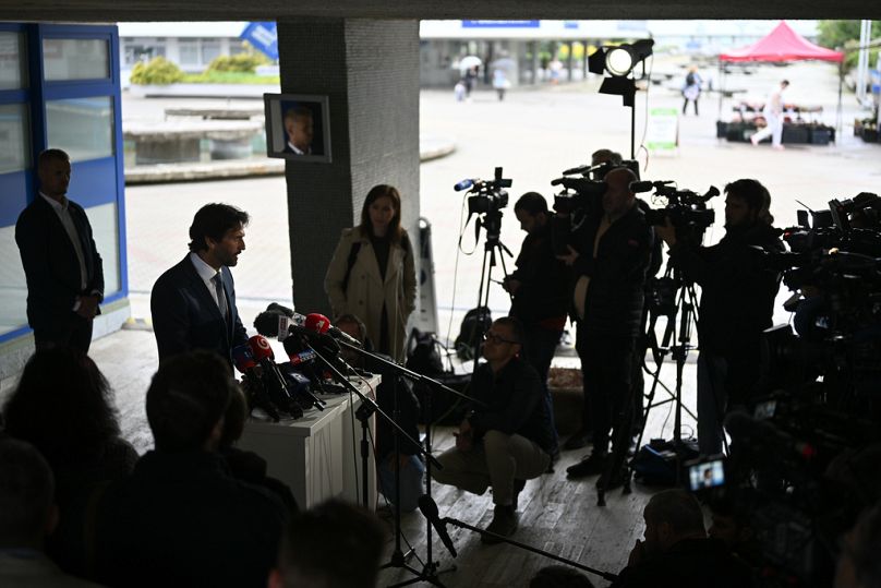 Deputy Prime Minister and Defence Minister of Slovakia Robert Kalinak speaks during a media briefing outside the F D Roosevelt University Hospital, 17 May 2024