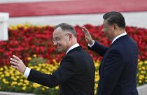Председатель КНР Си Цзиньпин и президент Польши Анджей Дуда на церемонии в Большом зале народных собраний в Пекине, 24 июня 2024 г.