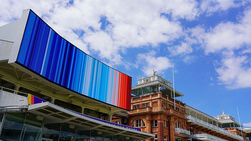 A graphic representation of global average temperatures over the past 174 years is projected onto Lord’s Cricket Ground, London.