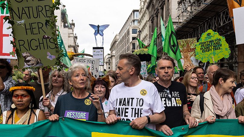 Emma Thompson, Chris Packham, Dale Vince and Caroline Lucas take part in the Restore Nature Now march in London, UK.