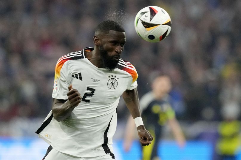 Germany's Antonio Rudiger heads the ball during a Group A match between Germany and Scotland at Euro 2024