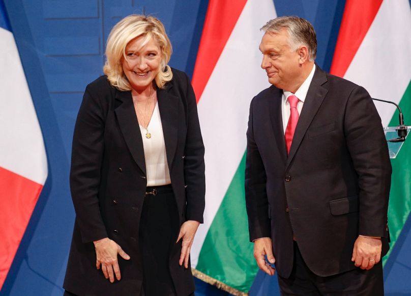 Marine Le Pen és Orbán Viktor közös sajtóértekezlete Budapesten, 2021 októberében
