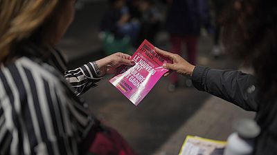 A campaign volunteer for the New Popular Front candidates hands out electoral leaflets for the upcoming parliamentary elections in Paris, Saturday June 22, 2024. 