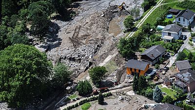 Aldeia de Sorte , no sul da Suíça, após um deslizamento de terras, causado pelo mau tempo e pelas fortes chuvas no vale do Misox, sábado 22 junho 2024