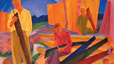 Oleksandr Bohomazov, 'Sharpening the Saws', 1927. Oil on canvas, 138 x 155 cm. 