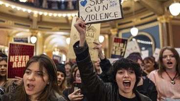 Öğrenciler ve destekçiler Iowa Yasama Meclisinin açılış gününde silah şiddetini protesto etmek için rotunda'da toplandı.