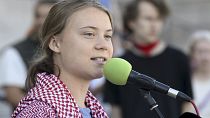 Swedish climate activist Greta Thunberg holds a speech as she attends Storm Warning demonstration by Extinction Rebellion