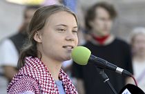 Swedish climate activist Greta Thunberg holds a speech as she attends Storm Warning demonstration by Extinction Rebellion