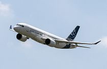 An Airbus A220 preparing to land at Toulouse-Blagnac airport in southwestern France