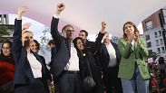 President of the Green Party Marine Tondelier, right, attends a campaign meeting of the France's left-wing coalition known as the New Popular Front, in Montreuil, 17 June 2024