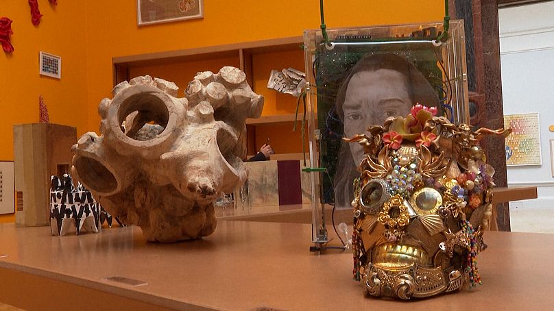 A decorated skull titled ‘Garden of Eden’ by Leigh-Ann Barber Corbett, on display at the Royal Academy, London