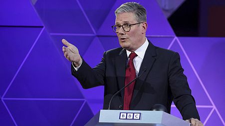 Britain's opposition Labour Party leader Keir Starmer takes part for the BBC's Prime Ministerial Debate, in Nottingham, England, Wednesday June 26, 2024.