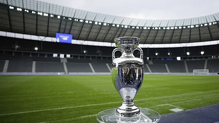 The Euro 2024 trophy on show at Bayern Munich's Allianz Arena