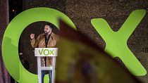 Spain's far-right Vox Party candidate Santiago Abascal gives a speech during the closing election campaign event in Madrid, 8 November 2019