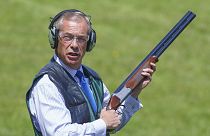 Reform UK leader Nigel Farage takes part in clay pigeon shooting during a visit to Catton Hall in Frodsham, Cheshire, while on the election campaign trail, 20 June 2024