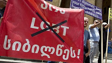 Georgian far right parties and their supporters hold a banner that reads: "No to LGBT darkness", Tbilisi, Georgia, Saturday, July 2, 2022