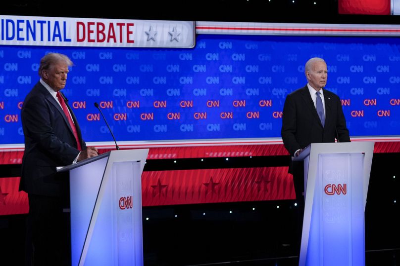 President Joe Biden, right, and Republican presidential candidate former President Donald Trump stand during a presidential debate hosted by CNN, Thursday, June 27, 2024.