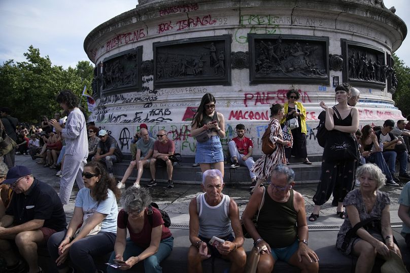 Anti-racism groups join French unions and left-wing coalition in protest against the rising nationalist far-right at a rally in Paris, June 27, 2024.
