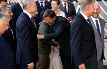 Incoming NATO chief Mark Rutte greets Ukraine's President Volodymyr Zelenskyy at an EU summit in Brussels, Thursday, June 27, 2024. 