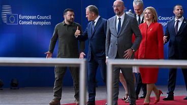 Le président ukrainien, Volodymyr Zelensky (à gauche), aux côtés des dirigeants de l'UE