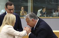 Morawiecki, Meloni és Orbán a tavaly júniusi brüsszeli EU-csúcson