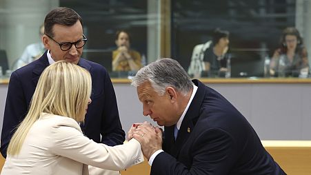 Morawiecki, Meloni és Orbán a tavaly júniusi brüsszeli EU-csúcson