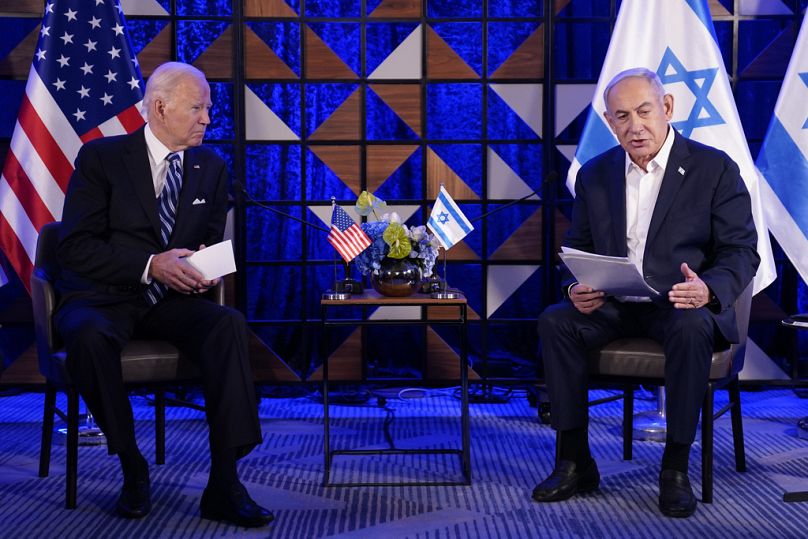 Israeli Prime Minister Benjamin Netanyahu speaks as he meets with President Joe Biden, October 2023